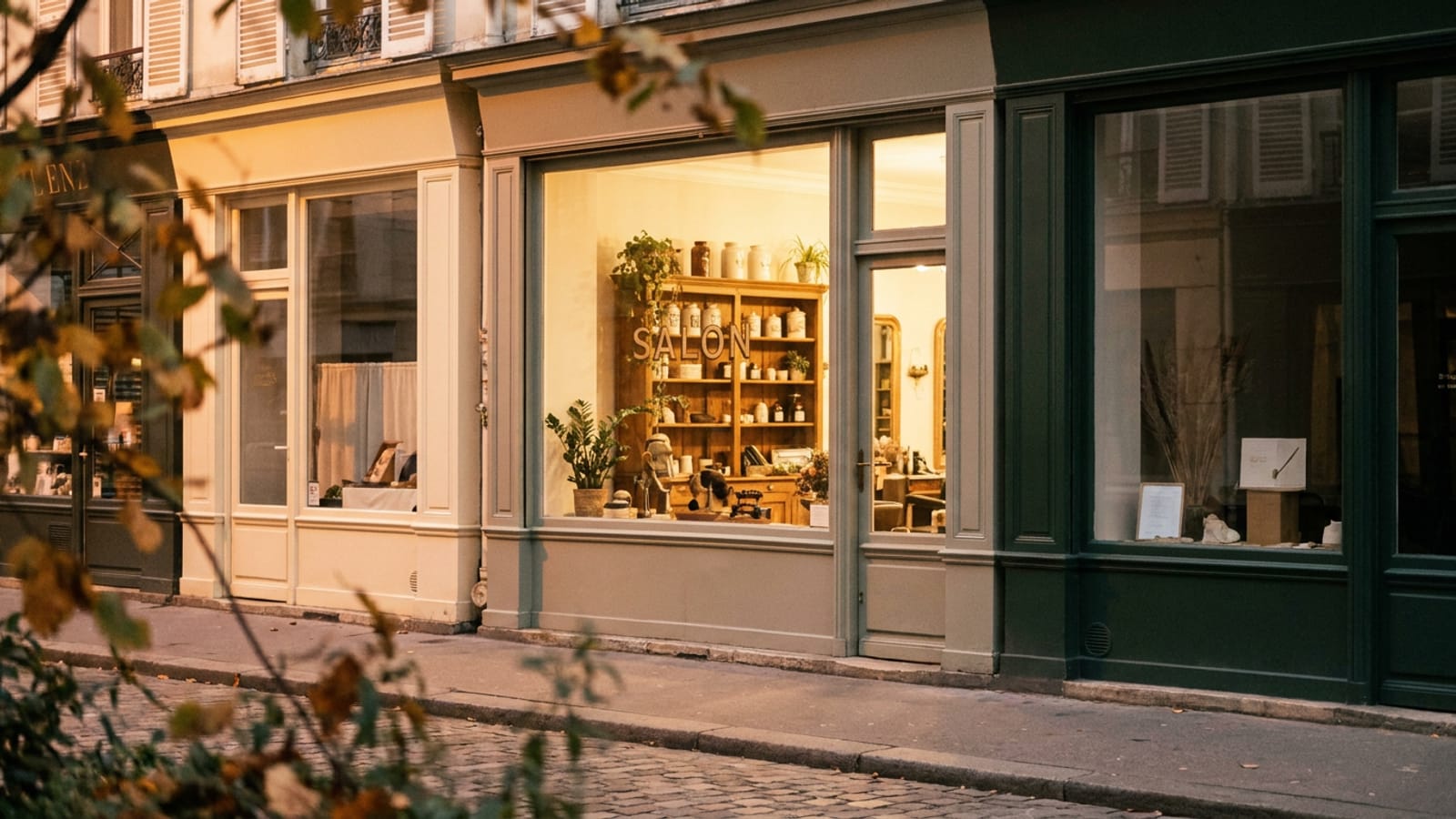 Rue de commerces à l’heure dorée, une vitrine de salon éclairée et chaleureuse parmi des façades plus calmes, feuillage flou au premier plan