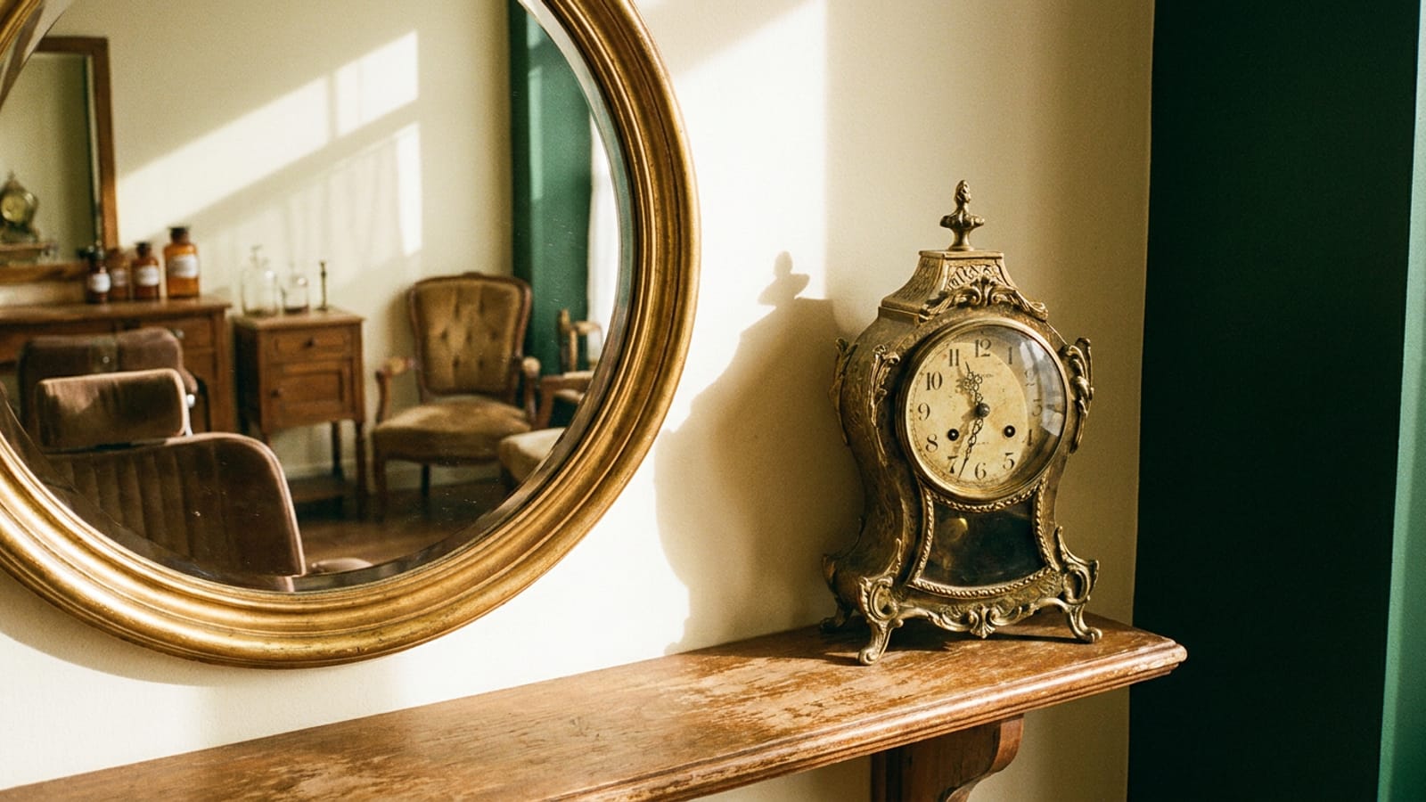 Horloge ancienne en laiton sur une étagère de salon, à côté d’un miroir rond qui reflète une pièce vide et chaude, soleil de fin d’après-midi sur le mur