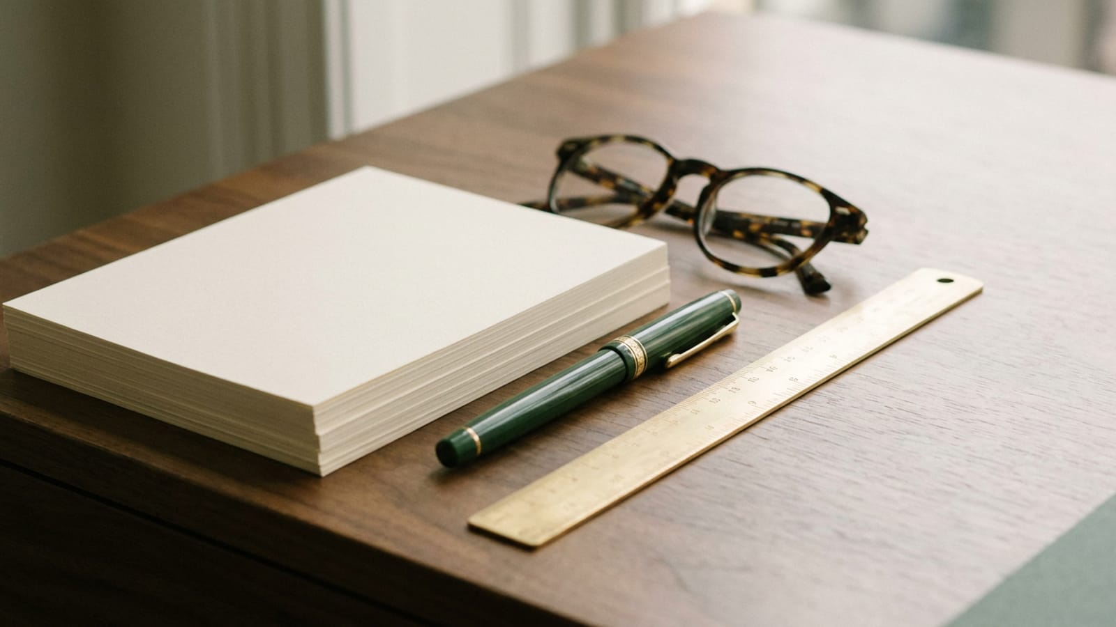 Bureau bien rangé dans l’arrière-boutique d’un salon : pile de papier crème, stylo plume vert, lunettes et règle en laiton alignée