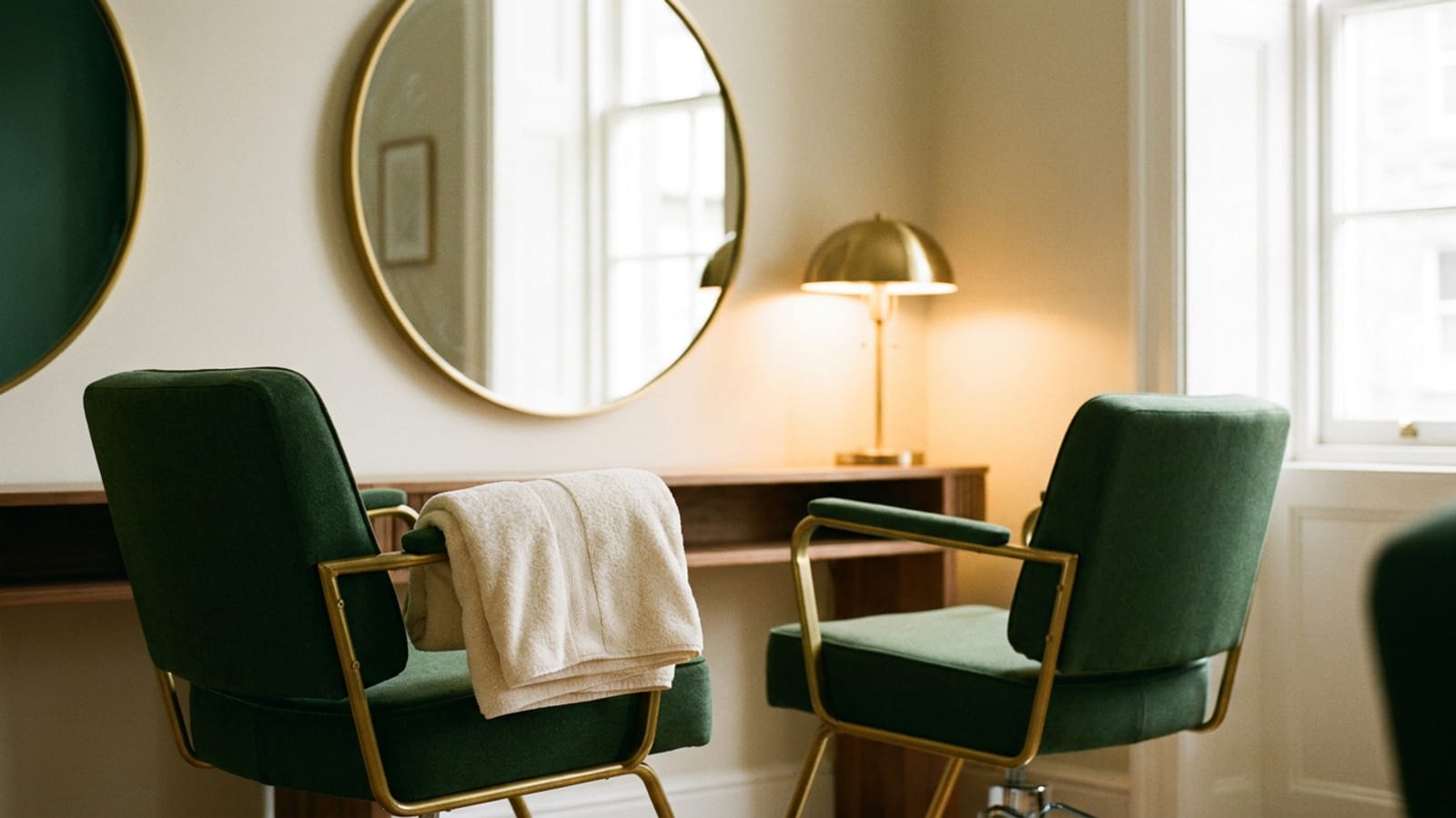 Deux fauteuils de salon en velours vert face à de grands miroirs ronds, une serviette pliée sur un accoudoir, lampe en laiton allumée